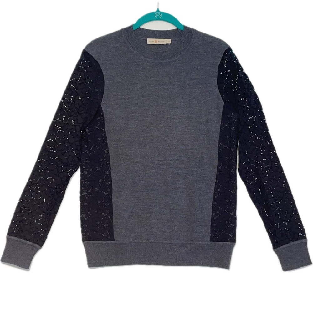 TORY BURCH | Merino Wool Kammy Crewneck Sweater Lace Sleeves Women’s Size Small - Picture 2 of 8